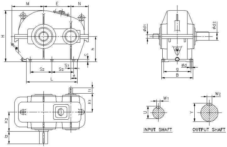 Dimensions of Single Stage Horizontal Type-HA Crane Duty Helical Gearbox