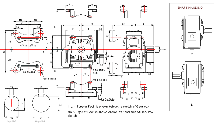 Body, shaft and foot dimensions of Adaptable worm gearbox, Under driven,  Over driven